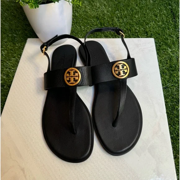 TORY BURCH BENTON 2 FLAT THONG
SANDAL black Calf Leather Sz 9.5 women Gold Logo - Picture 3 of 9